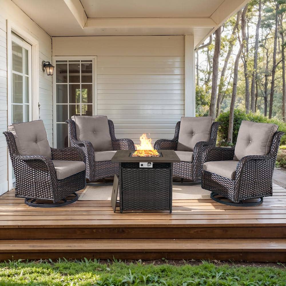 Arcline 5-Piece Brown Wicker Fire Pit Conversation Set with Olefin Gray Cushions and Swivel Glider Rocking Chairs price history on PriceWatchPro