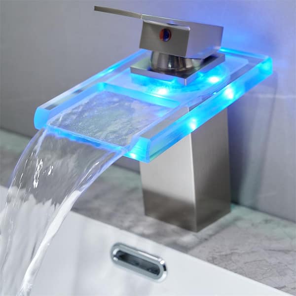 Pearl Modern One Handle Single Hole 3.5 GPM Waterfall Bathroom Faucet with LED Light and Supply Hoses in Brushed Nickel