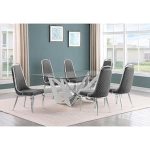 Rae 7-Piece Rectangular Glass Top Stainless Steel Base Dining Set With 6 Dark Grey Velvet Chrome Iron Legs Chairs