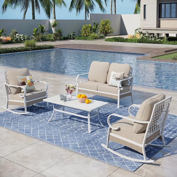 PHI VILLA White 4-Piece Metal Outdoor Patio Conversation Seating Set with Rocking Chairs, Marbling Coffee Table and Beige Cushions