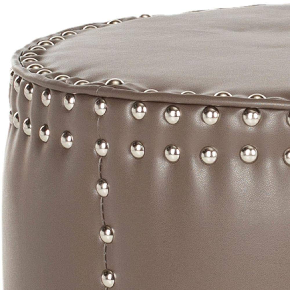 Clay Gray Bi-Cast Leather Round Ottoman with Brass Nailhead Trim