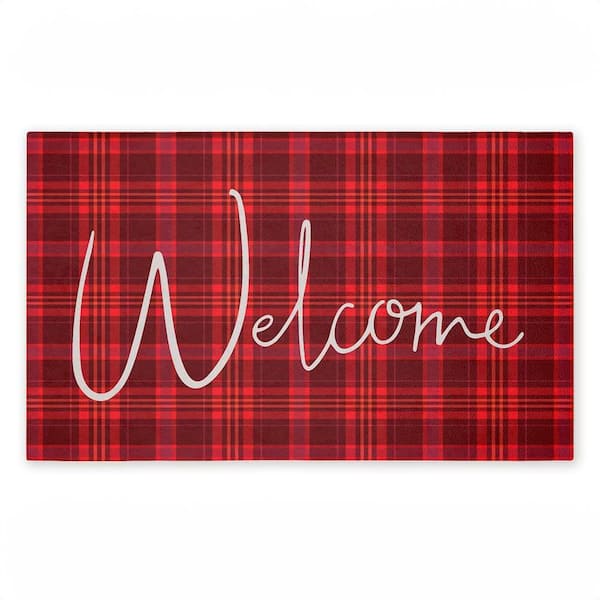 Red Tartan Greeting Red 18 in. x 30 in. Polyester Non-Slip Outdoor Door Mat