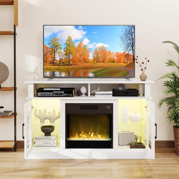 48 in. Freestanding Wooden Smart Electric Fireplace TV Stand in White