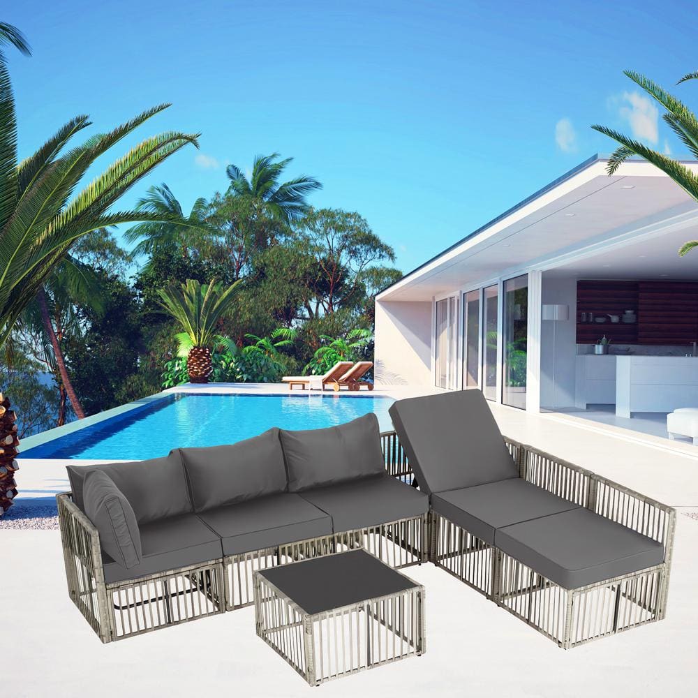 Grey 7-Piece Wide Rattan Wicker Outdoor Patio Sectional Set with Grey Cushi