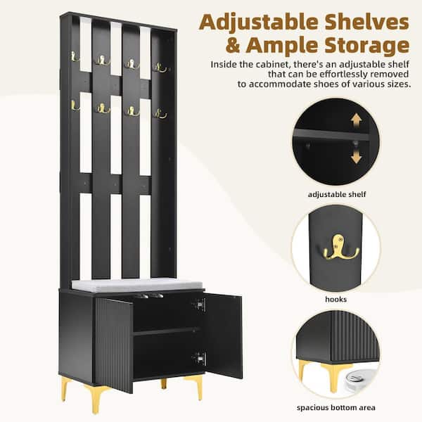 Black Hall Tree with Cushion and Fluted Doors with Gold Hooks and Adjustable Shelves