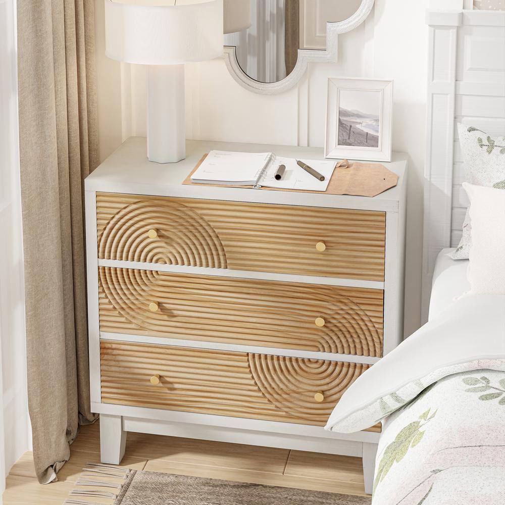 White 3-Drawer Farmhouse Dresser with Handicraft Wood Ring Motif