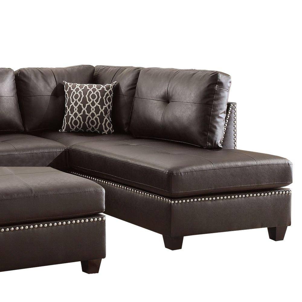 Brown Tufted Leather 3-Piece Sectional Sofa with Ottoman