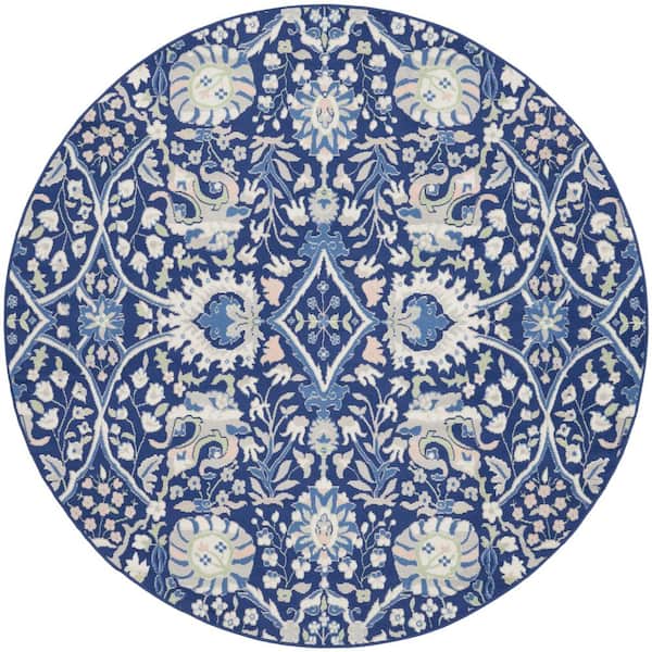 Nourison Whimsical Navy Multicolor 8 ft. x 8 ft. All-Over Design Traditional Round Rug