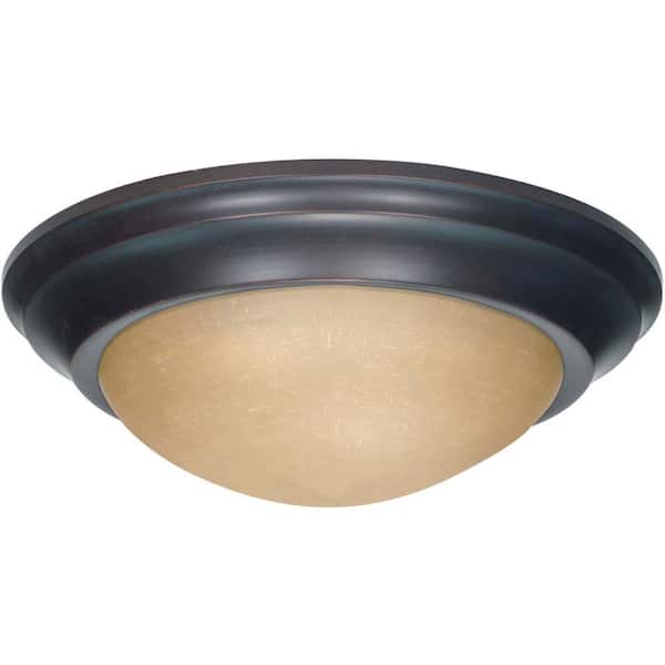 Glomar 1-Light Mahogany Bronze Flush Mount Twist and Lock with Champagne Linen Washed Glass