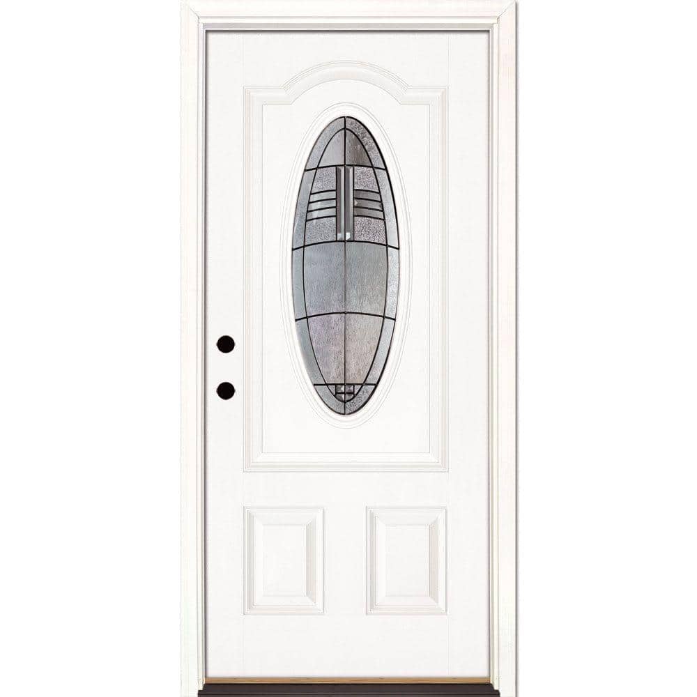 Feather River Doors 33.5 in. x 81.625 in. Rochester Patina 3/4 Oval Lite Unfinished Smooth Right-Hand Inswing Fiberglass Prehung Front Door, Smooth White: Ready to Paint -  173171