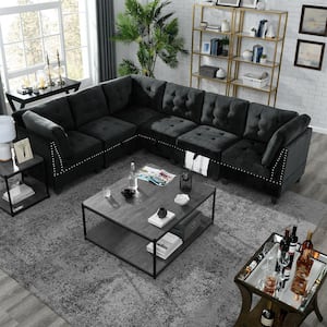 116 in. W Slope Arm 6-Piece Velvet L Shape Modular Sectional Sofa in Black