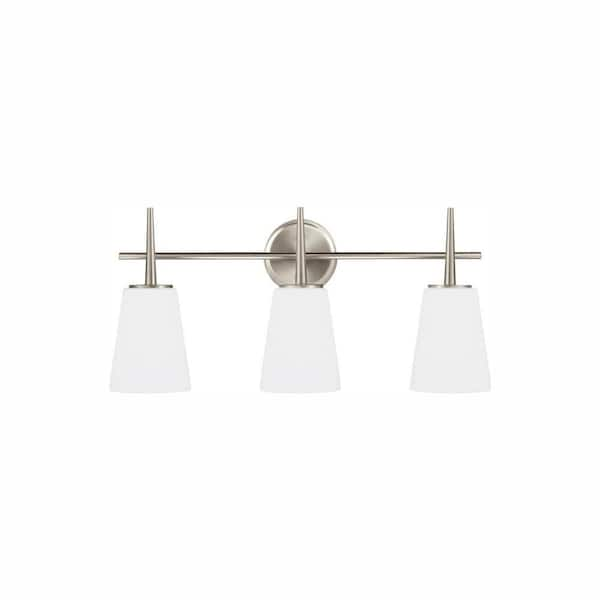 Driscoll 24.5 in. 3-Light Contemporary Modern Brushed Nickel Wall Bathroom Vanity Light with White Glass and LED Bulbs