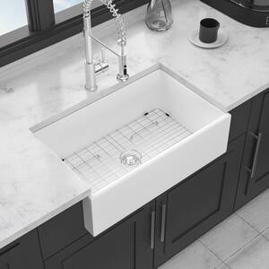 White Ceramic 33 in. Single Bowl Farmhouse Apron front Kitchen Sink with Bottom Grid and Basket Strainer