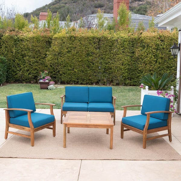 Noble House Perla Teak Brown 5-Piece Wood Patio Conversation Deep Seating Set with Blue Water Cushions