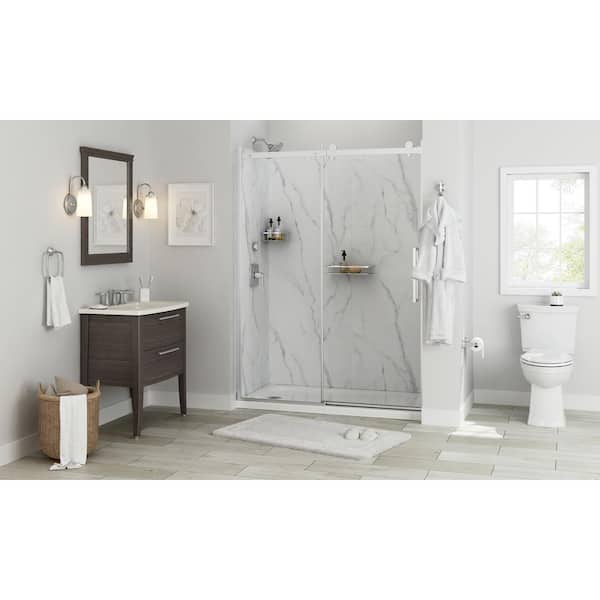 Passage 60 in. x 72 in. 2-Piece Glue-Up Alcove Shower Wall with Corner Shelf in Serene Marble