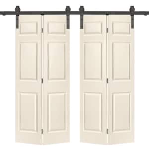 48 in. x 84 in. 6-Panel Beige Painted MDF Hollow Core Composite Double Bi-Fold Barn Doors with Sliding Hardware Kit
