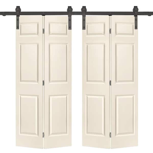 60 in. x 84 in. Hollow Core 6 Panel Beige Painted MDF Composite Double Bi-Fold Barn Door with Sliding Hardware Kit