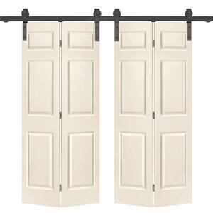 72 in. x 84 in. Hollow Core 6 Panel Beige Painted MDF Composite Double Bi-Fold Barn Door with Sliding Hardware Kit