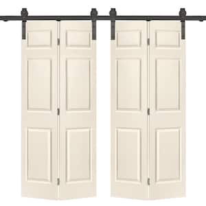 72 in. x 84 in. Hollow Core 6 Panel Beige Painted MDF Composite Double Bi-Fold Barn Door with Sliding Hardware Kit