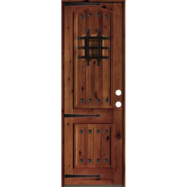 Krosswood Doors 30 in. x 96 in. Mediterranean Knotty Alder Arch Top Red Chestnut Stain Left-Hand Inswing Wood Single Prehung Front Door