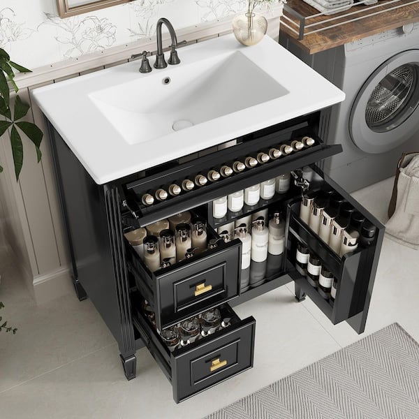 30 in. Single Sink Freestanding Black Bath Vanity with White Ceramic Top and Adjustable Shelf Vanity Cabinet Unassembled