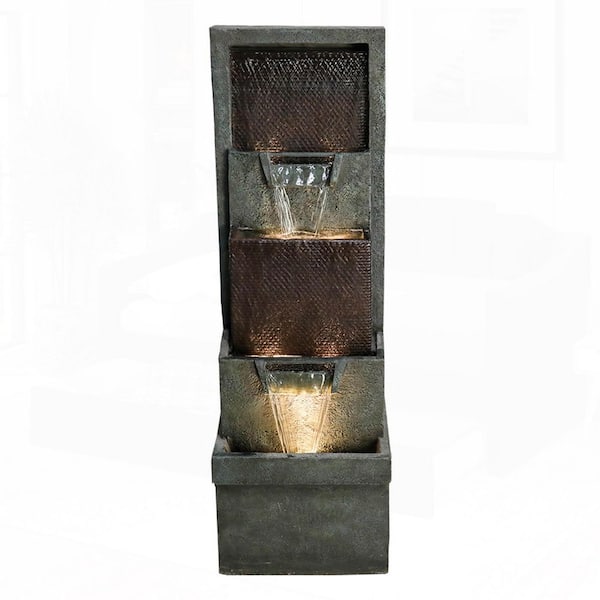 39. 3in. H Resin Outdoor Garden Tiered Fountain with LED Lights, Floor-Standing for Patio, Yard, and Home Decor