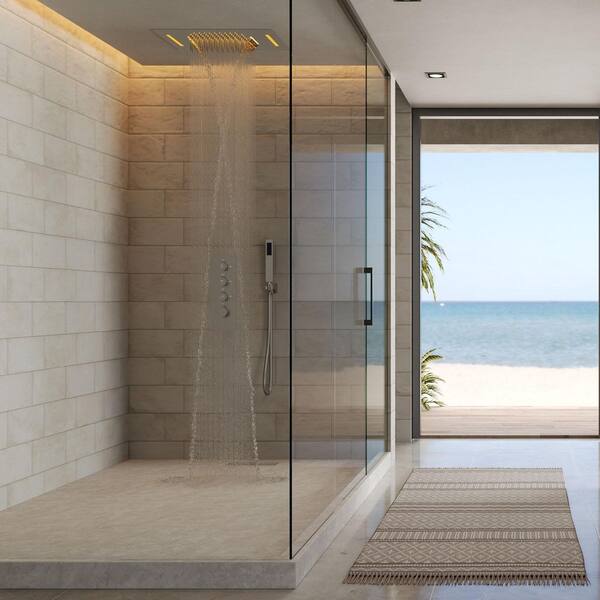 LED Thermostatic Quadruple Handle 7-Spray 23 x 15 in. Shower Faucets 2.5 GPM / Anti Scald Waterfall in. Brushed Nickel