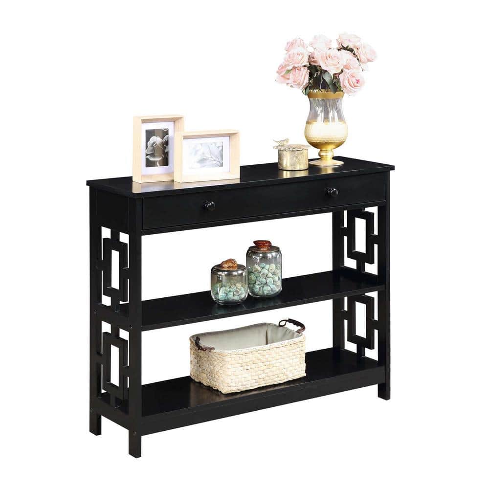 Modern Black Wood Console Table with Storage and Shelves