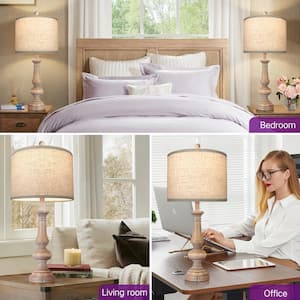 27 in. Light Brown Resin Bedside Table Lamp Set with Linen Fabric Shade and USB Port, Type-c Port (set of 2)