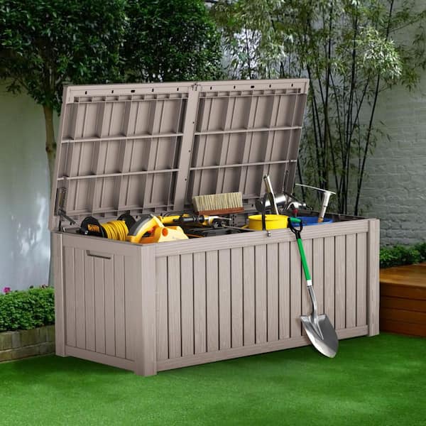 150 Gal. Resin Outdoor Deck Box with Lockable Lid Porch Storage Box Bench for Cushions, Throw Pillows in Light Brown
