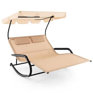 2-Person Double Metal Frame Outdoor Rocking Chair Chaise Lounge w/Canopy & Wheels