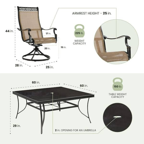 Monaco 9-Piece Aluminum Outdoor Dining Set with Square Glass-Top Table and Contoured Sling Swivel Chairs