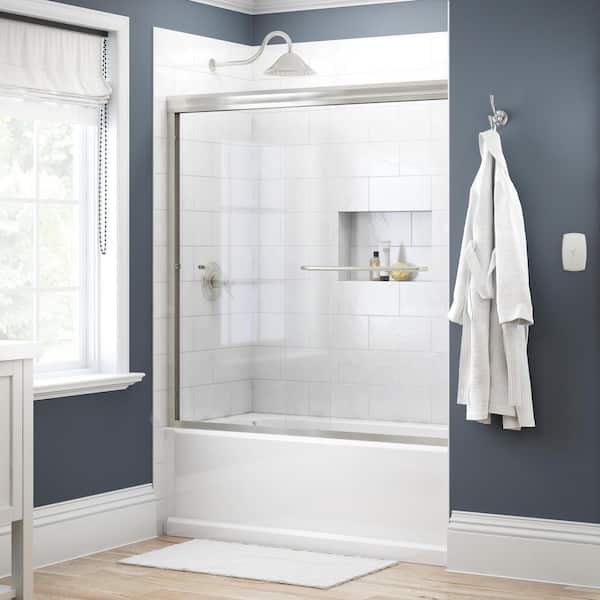 Delta Traditional 60 in. x 58-3/8 in. Semi-Frameless Sliding Bathtub Door in Nickel with 1/4 in. (6mm) Clear Glass