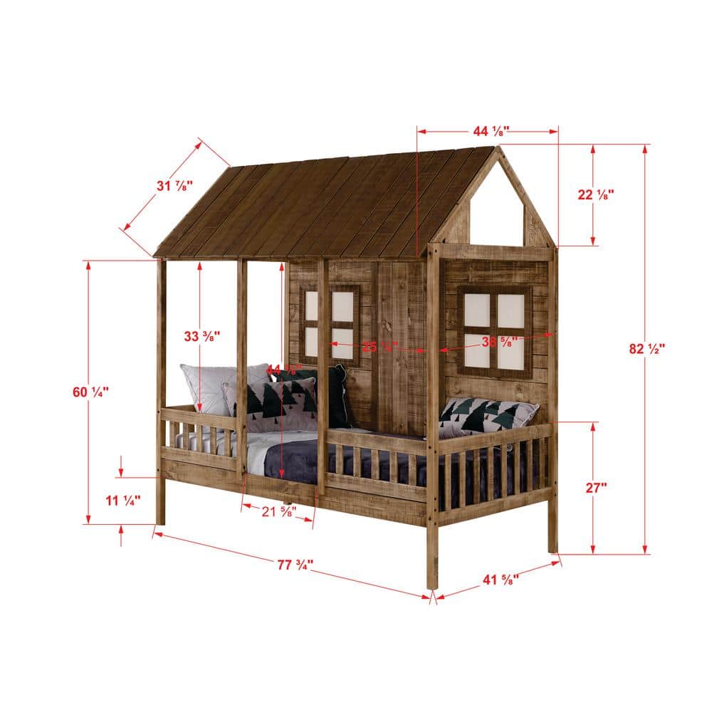 Twin Rustic Driftwood Pine Wood Low Loft Bed with Headboard