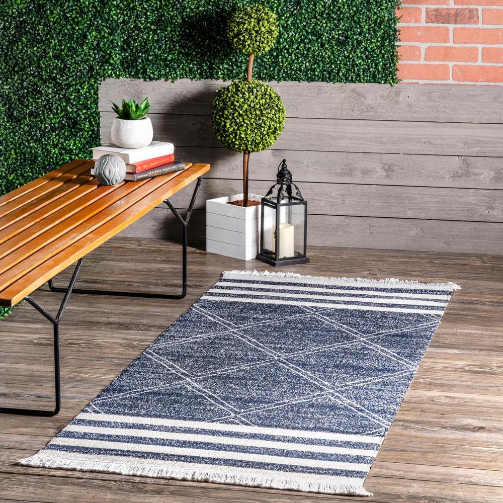 Blue and Beige Striped Synthetic Indoor/Outdoor Runner Rug