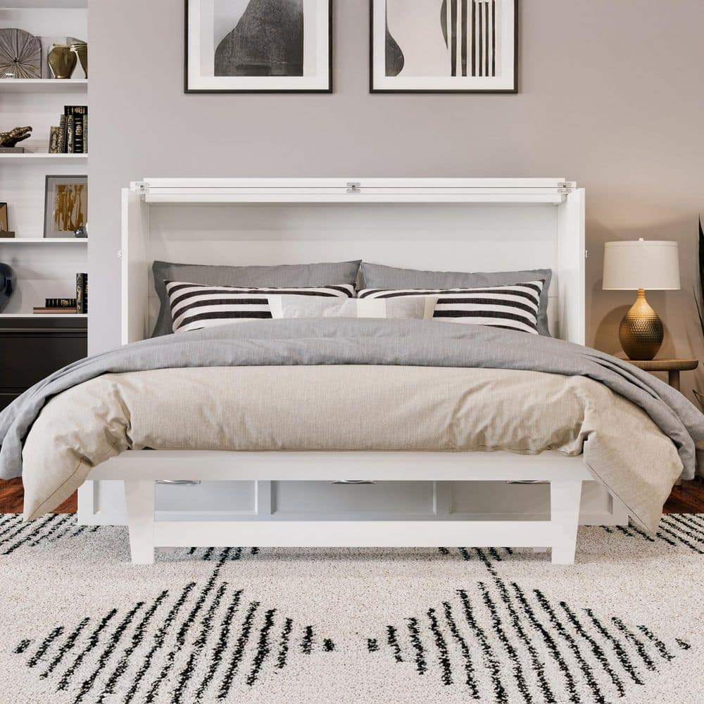 White Queen Murphy Bed Chest with Upholstered Wood Frame and Drawer