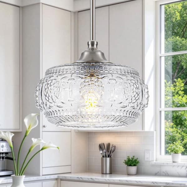 RayHome 1-Light Brushed Nickel Textured Pendant Ceiling Light with Flower Shade for Kitchen Island, Hallway, Dining