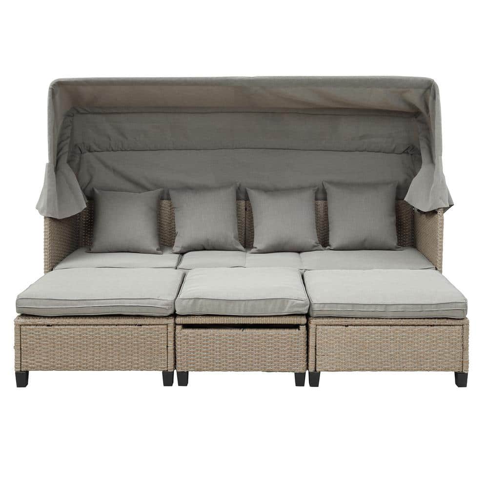Brown 4-Piece Wicker Outdoor Sectional Set Sofa Day Bed with Gray Cushions,