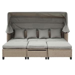 Brown 4-Piece Wicker Outdoor Sectional Set Sofa Day Bed with Gray Cushions, Retractable Canopy and Lifting Table