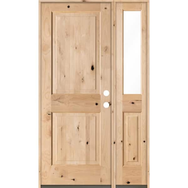 Krosswood Doors 44 in. x 80 in. Rustic Unfinished Knotty Alder Square-Top Left-Hand Right Half Sidelite Clear Glass Prehung Front Door
