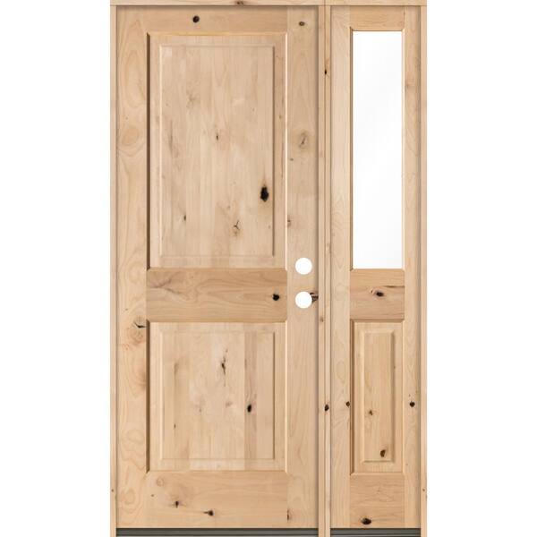 Krosswood Doors 46 in. x 80 in. Rustic Unfinished Knotty Alder Square-Top Left-Hand Right Half Sidelite Clear Glass Prehung Front Door