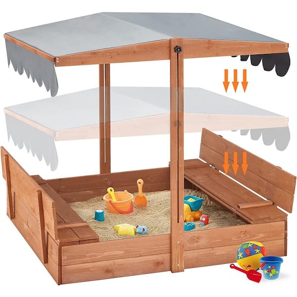 HOMMOW 3.6 ft. W x 3.6 ft. L Wood Square Outdoor Sandbox for Kids with 2 Foldable Bench Seats and Adjustable Canopy Roof,Orange