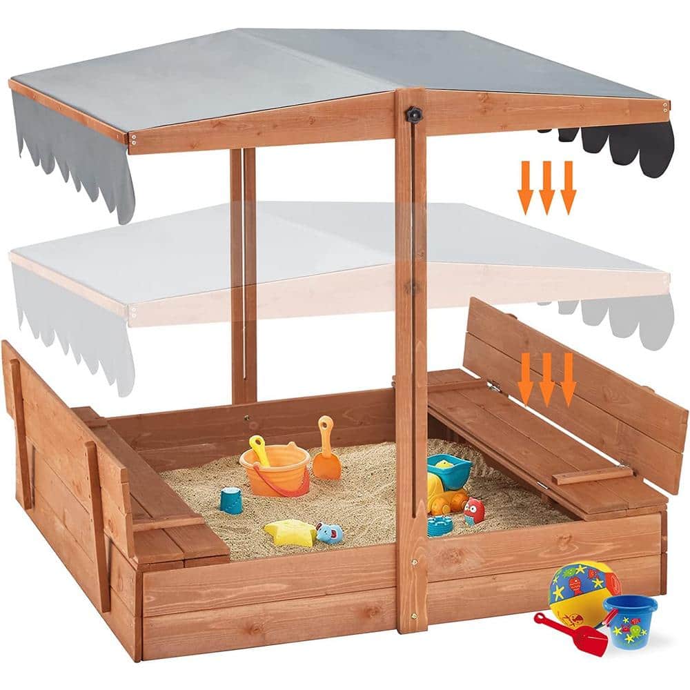 3.6 ft. W x 3.6 ft. L Wood Square Outdoor Sandbox for Kids with 2 Foldable 