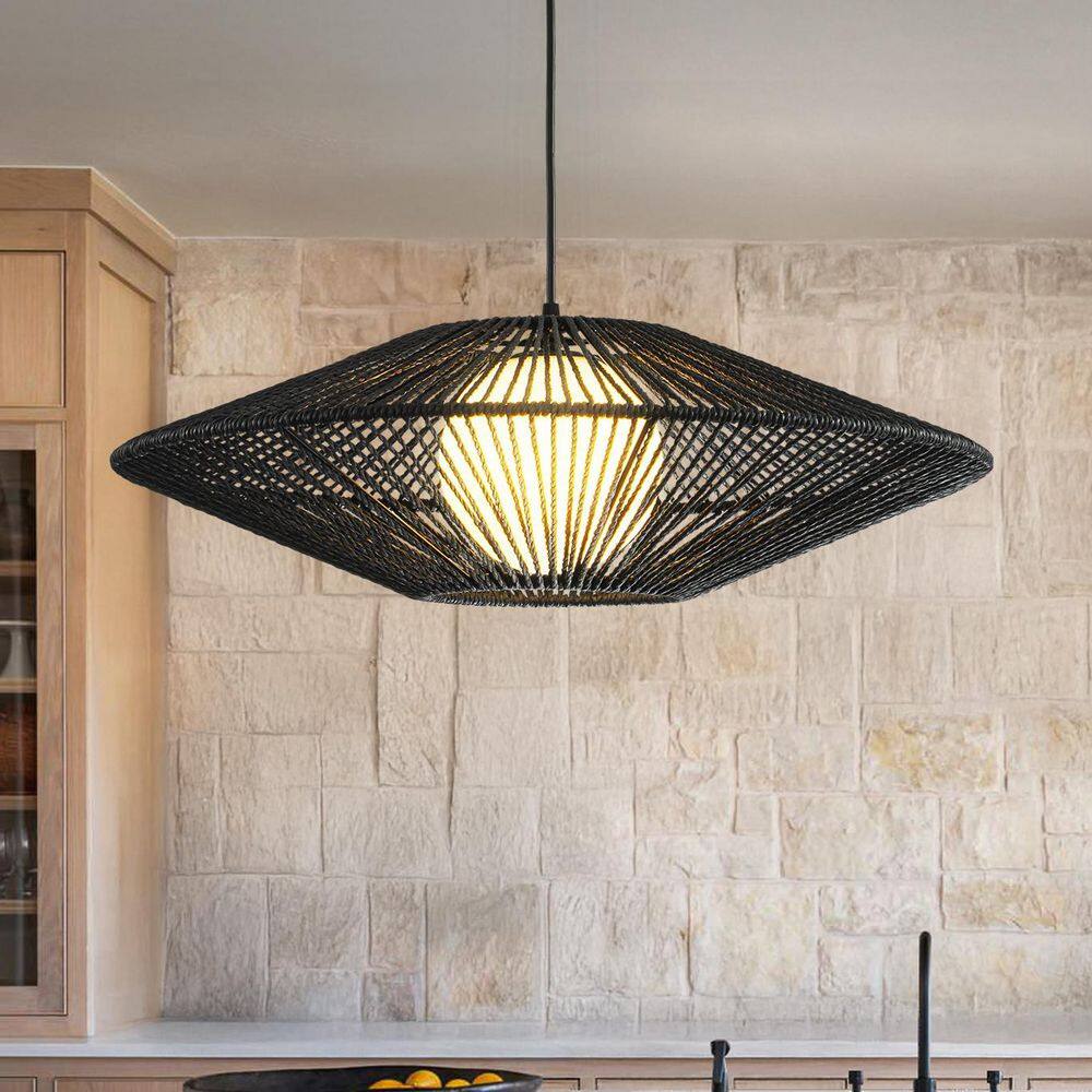1-Light 23 in. Modern Black Hand-Woven Rattan Chandelier Bubble Trasitional