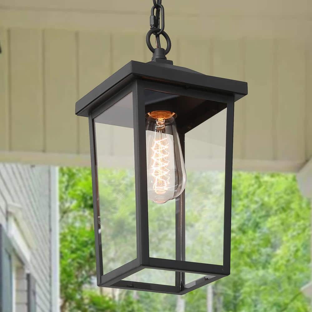 LNC Matte Black Modern 1-Light Lantern Outdoor Hanging Geometric ...