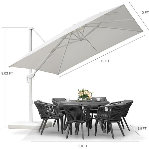 10 ft. Square Outdoor Patio Cantilever Umbrella White Aluminum Offset 360° Rotation Umbrella with Base, White