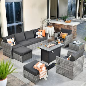 Eufaula Gray 10-Piece Wicker Modern Outdoor Patio Conversation Sofa Set with a Steel Fire Pit and Black Cushions