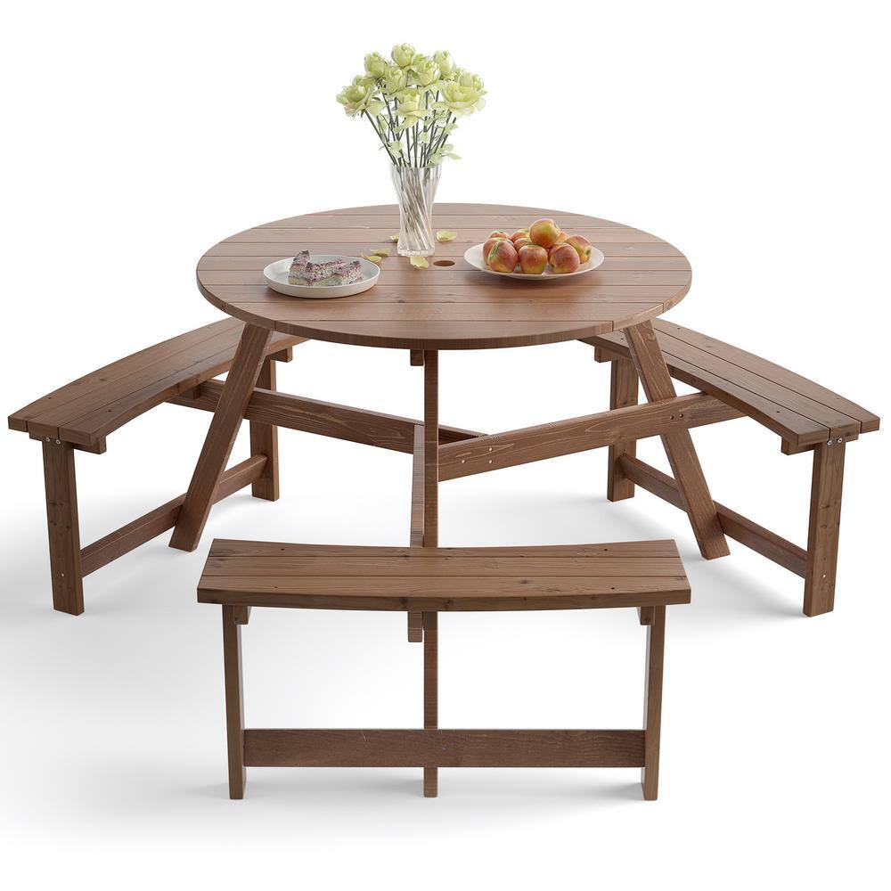 HONEY JOY 6Person Wood Outdoor Picnic Table Circular Dining Table with