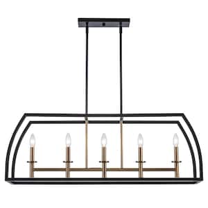 5-Light Black and Brass Farmhouse Linear Chandelier Light Fixture with Caged Metal Shade