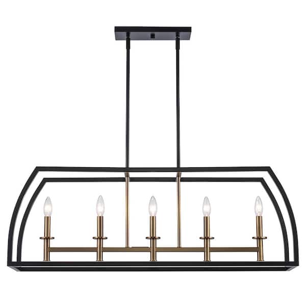 Monteaux Lighting 5-Light Black and Brass Farmhouse Linear Chandelier Light Fixture with Caged Metal Shade